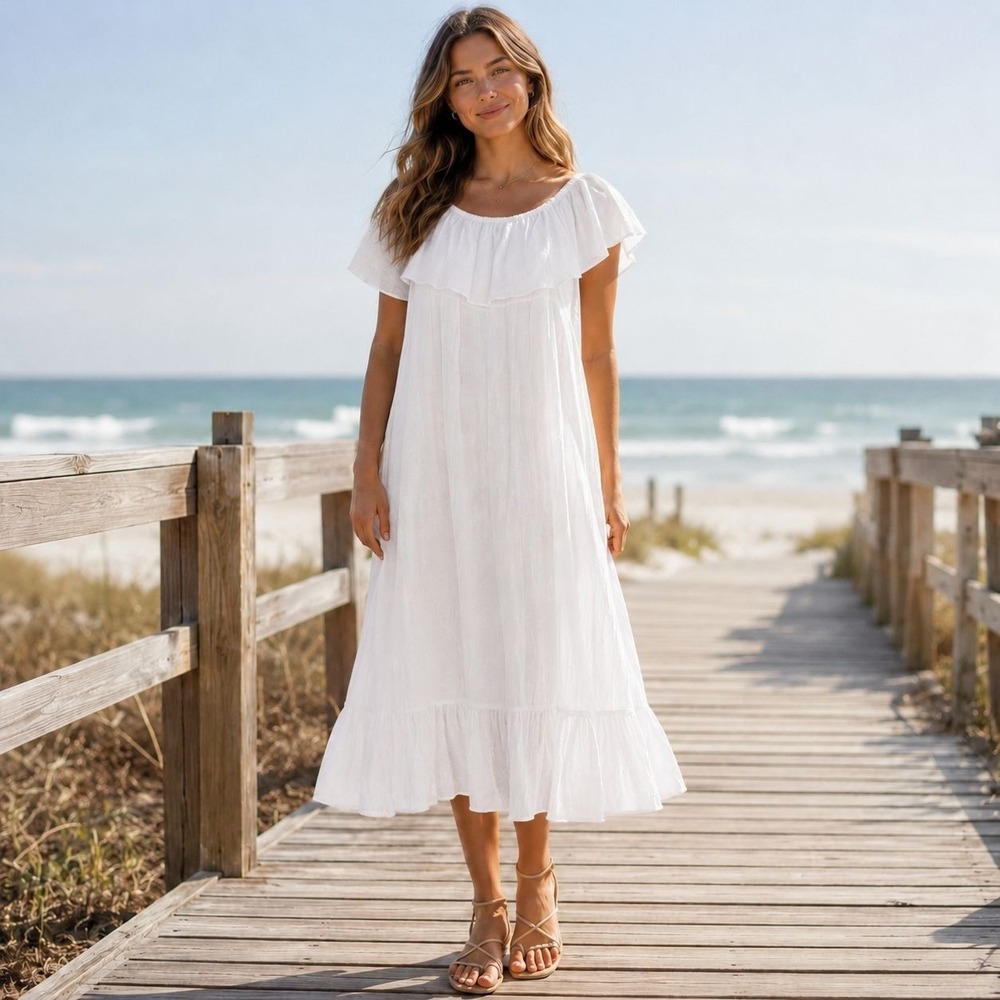 Sapphire Ruffle Off Shoulder Midi Dress Womens Size Small White Boho Coastal